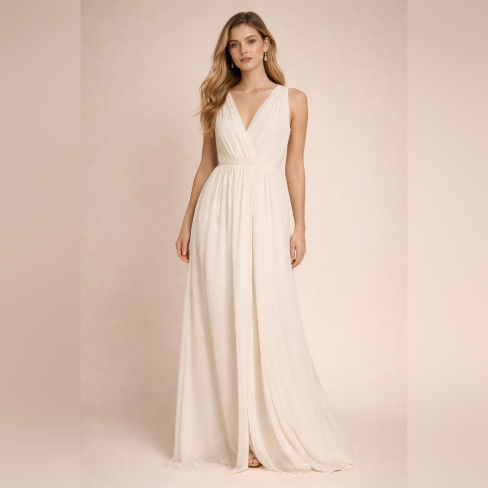 Ann Taylor Cream Chiffon Maxi Dress Bridal Minimal V-Neck Gown 8P Bridge Wedding